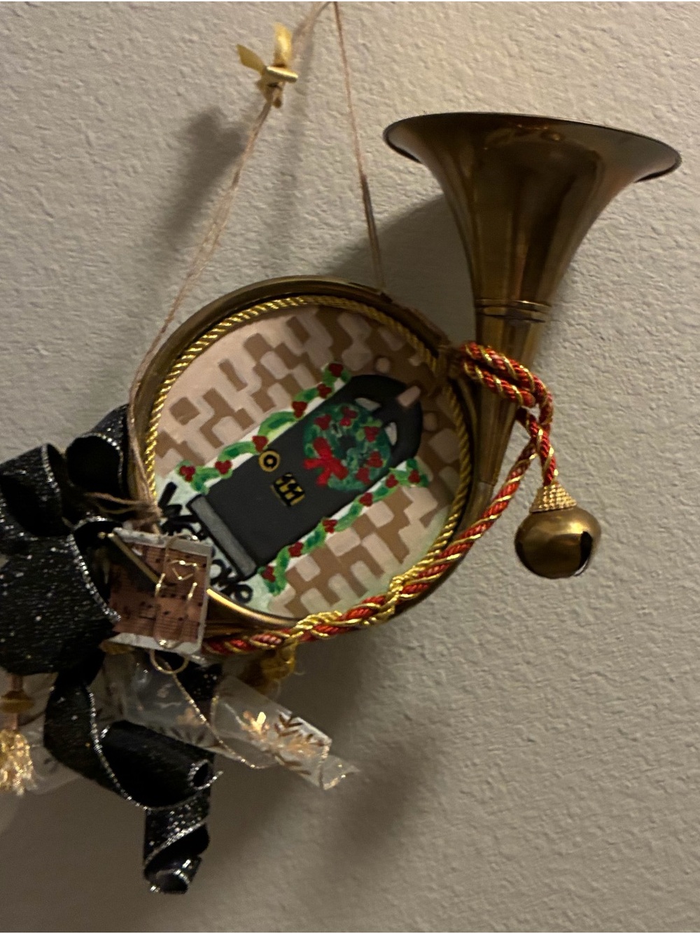 Holiday Brass Horn Wall Accent with Red & Gold Trim